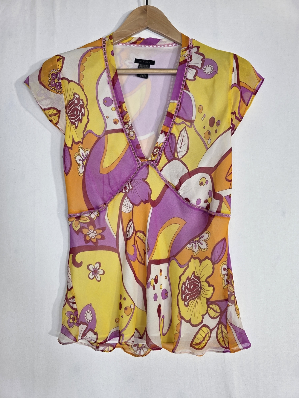 SilkLand Silk Y2K Floral Surplice Blouse in Yellow, Purple & Orange